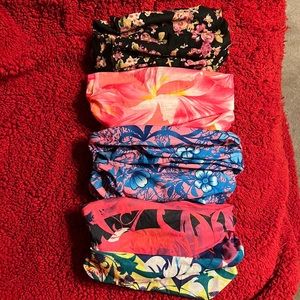 4 scarf, headband, mask, head covering, multi-use thin colorful pieces.